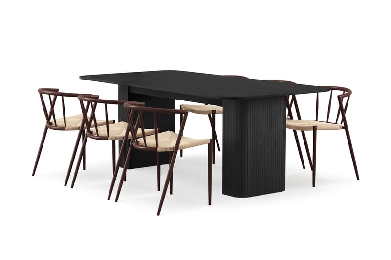 Kopparbo Spisebord 200-260 cm Uttrekkbart med 6 Winston Spisestoler, Svart / Beige / Metallben Røkt eik