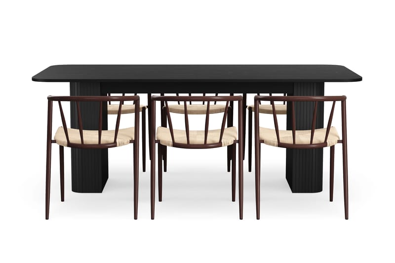 Kopparbo Spisebord 200-260 cm Uttrekkbart med 6 Winston Spisestoler - Svart / Beige / Metallben Røkt eik - Møbler - Bord - Spisegrupper