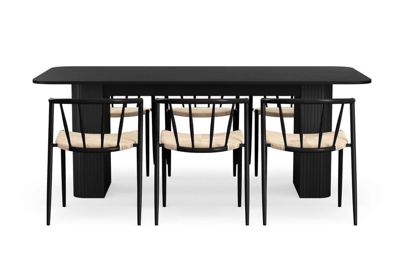 Kopparbo Spisebord 200-260 cm Uttrekkbart med 6 Winston Spisestoler - Svart / Beige / Metallben Svart - Møbler - Bord - Spisegrupper