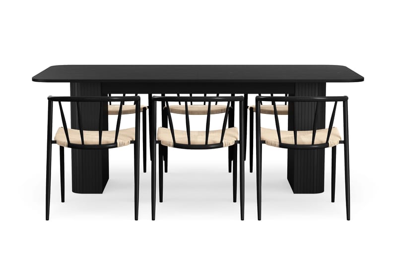 Kopparbo Spisebord 200-260 cm Uttrekkbart med 6 Winston Spisestoler - Svart / Beige / Metallben Svart - Møbler - Bord - Spisegrupper