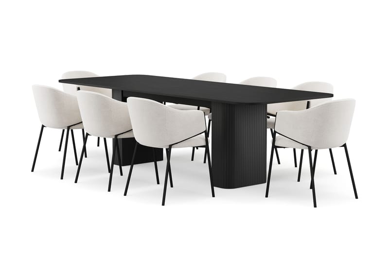 Kopparbo Spisebord 200-260 cm Uttrekkbart med 8 Filip Spisestoler, Svart / Hvit Bouclé