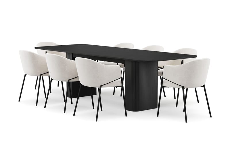 Kopparbo Spisebord 200-260 cm Uttrekkbart med 8 Filip Spisestoler - Svart / Hvit Bouclé - Møbler - Bord - Spisegrupper
