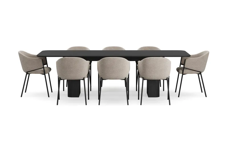 Kopparbo Spisebord 200-260 cm Uttrekkbart med 8 Filip Spisestoler - Svart / Taupe Bouclé - Møbler - Bord - Spisegrupper