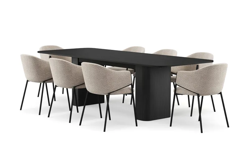 Kopparbo Spisebord 200-260 cm Uttrekkbart med 8 Filip Spisestoler, Svart / Taupe Bouclé