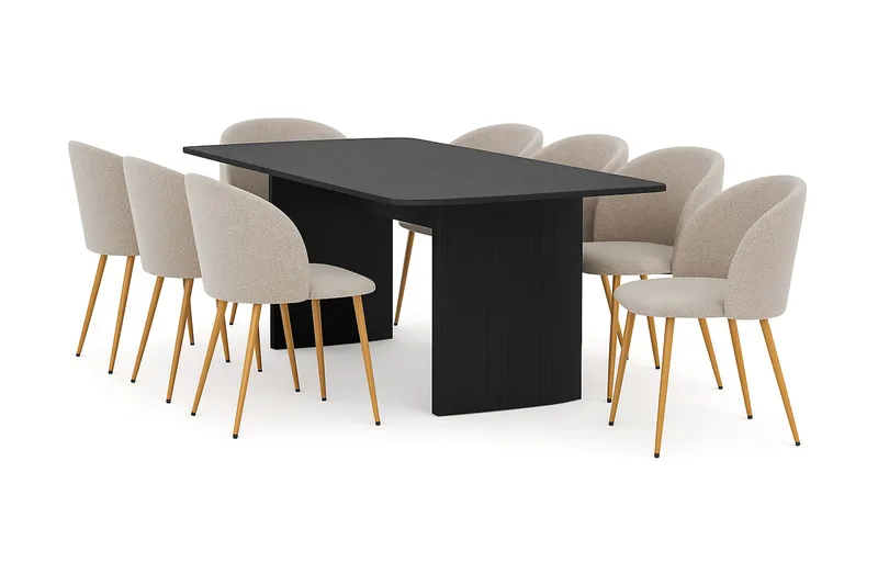 Kopparbo Spisebord 200-260 cm Uttrekkbart med 8 Greya Spisestoler med armlener, Svart / Greige Bouclé / Metallben Eik