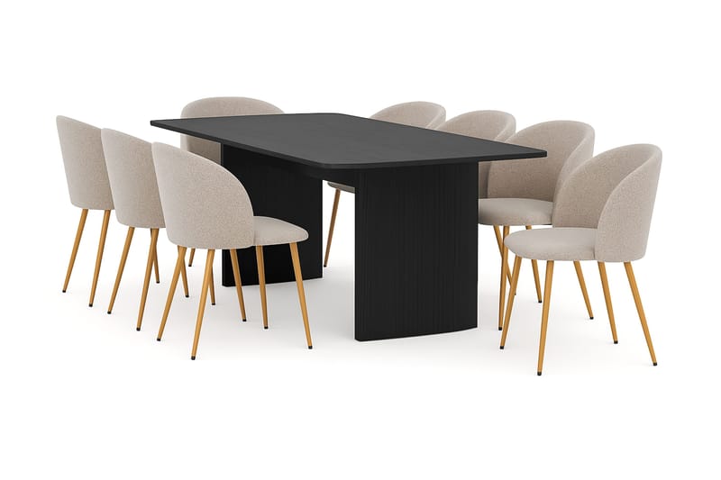 Kopparbo Spisebord 200-260 cm Uttrekkbart med 8 Greya Spisestoler med armlener, Svart / Greige Bouclé / Metallben Eik