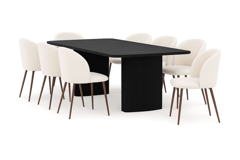 Kopparbo Spisebord 200-260 cm Uttrekkbart med 8 Greya Spisestoler med armlener, Svart / Hvit Bouclé / Metallben Valnøtt