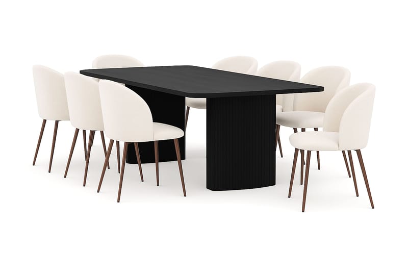 Kopparbo Spisebord 200-260 cm Uttrekkbart med 8 Greya Spisestoler med armlener, Svart / Hvit Bouclé / Metallben Valnøtt