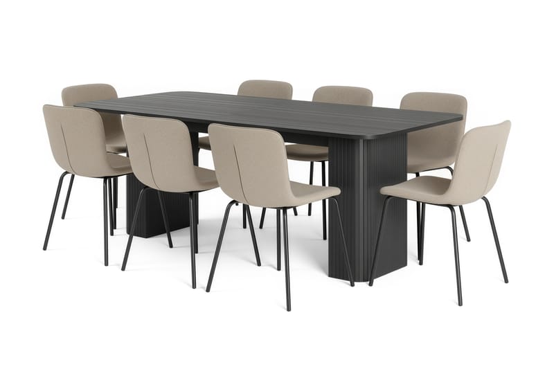 Kopparbo Spisebord 200-260 cm Uttrekkbart med 8 Katy Spisestoler, Svart / Greige Bouclé / Metallben Svart