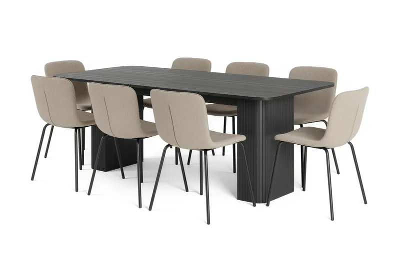 Kopparbo Spisebord 200-260 cm Uttrekkbart med 8 Katy Spisestoler, Svart / Greige Bouclé / Metallben Svart