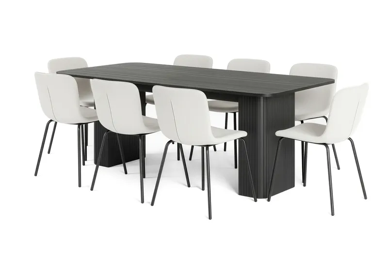 Kopparbo Spisebord 200-260 cm Uttrekkbart med 8 Katy Spisestoler, Svart / Hvit Bouclé / Metallben Svart