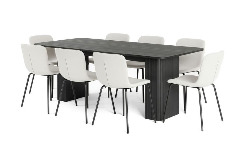 Kopparbo Spisebord 200-260 cm Uttrekkbart med 8 Katy Spisestoler, Svart / Hvit Bouclé / Metallben Svart