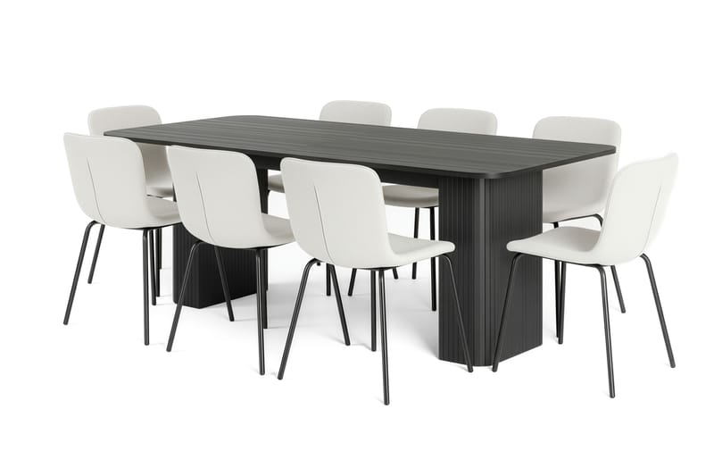Kopparbo Spisebord 200-260 cm Uttrekkbart med 8 Katy Spisestoler, Svart / Hvit Bouclé / Metallben Svart
