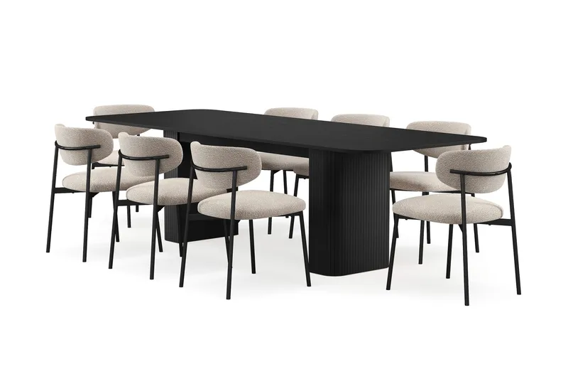 Kopparbo Spisebord 200-260 cm Uttrekkbart med 8 Lucy Spisestoler, Svart / Greige Bouclé / Metallben Svart