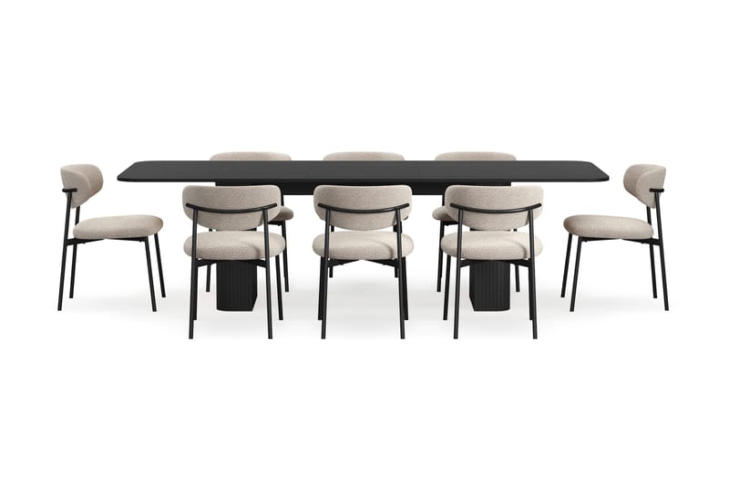 Kopparbo Spisebord 200-260 cm Uttrekkbart med 8 Lucy Spisestoler - Svart / Greige Bouclé / Metallben Svart - Møbler - Bord - Spisegrupper