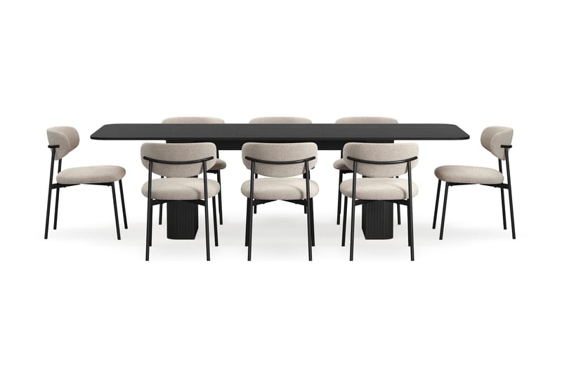 Kopparbo Spisebord 200-260 cm Uttrekkbart med 8 Lucy Spisestoler - Svart / Greige Bouclé / Metallben Svart - Møbler - Bord - Spisegrupper