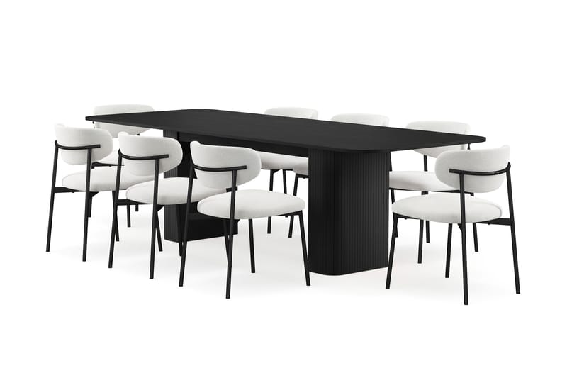 Kopparbo Spisebord 200-260 cm Uttrekkbart med 8 Lucy Spisestoler, Svart / Hvit Bouclé / Metallben Svart