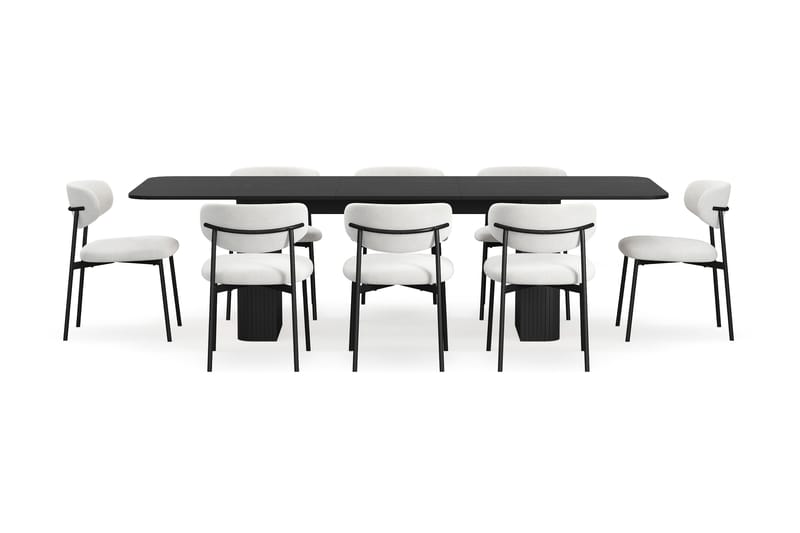 Kopparbo Spisebord 200-260 cm Uttrekkbart med 8 Lucy Spisestoler - Svart / Hvit Bouclé / Metallben Svart - Møbler - Bord - Spisegrupper
