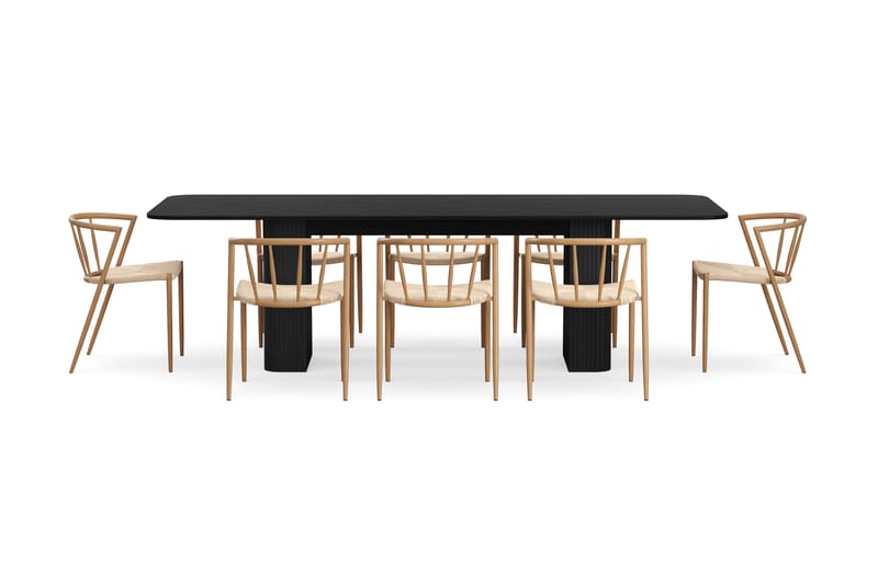 Kopparbo Spisebord 200-260 cm Uttrekkbart med 8 Winston Spisestoler - Svart / Beige / Metallben Eik - Møbler - Bord - Spisegrupper