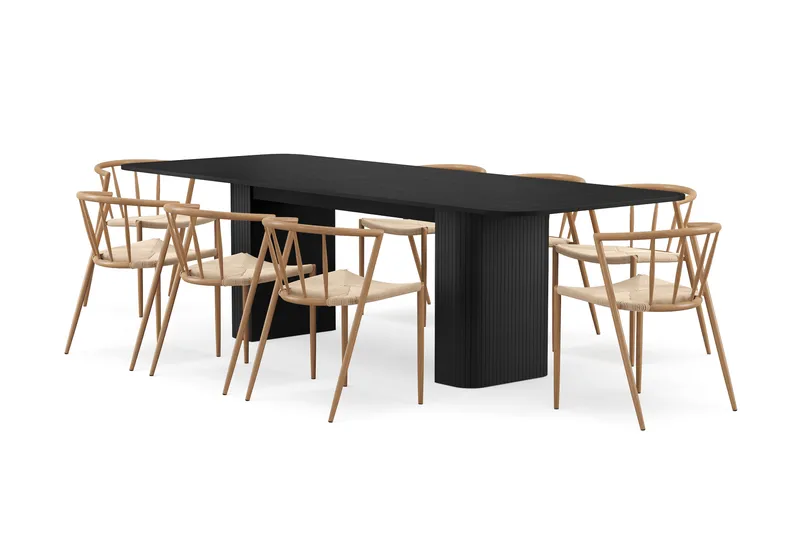 Kopparbo Spisebord 200-260 cm Uttrekkbart med 8 Winston Spisestoler, Svart / Beige / Metallben Eik