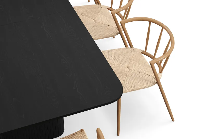 Kopparbo Spisebord 200-260 cm Uttrekkbart med 8 Winston Spisestoler - Svart / Beige / Metallben Eik - Møbler - Bord - Spisegrupper