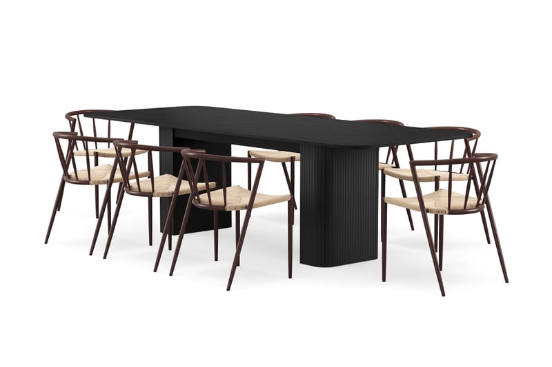 Kopparbo Spisebord 200-260 cm Uttrekkbart med 8 Winston Spisestoler, Svart / Beige / Metallben Røkt eik