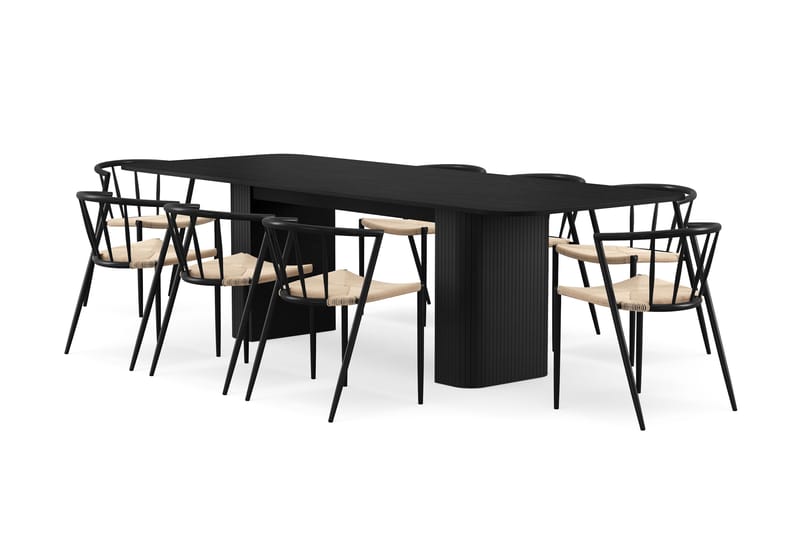 Kopparbo Spisebord 200-260 cm Uttrekkbart med 8 Winston Spisestoler, Svart / Beige / Metallben Svart