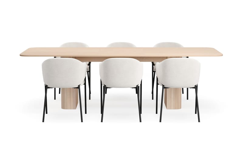 Kopparbo Spisebord 200-260 cm Uttrekkbart med ileggsplate med 6 Filip Spisestoler - Hvit / Hvit Bouclé - Møbler - Bord - Spisegrupper