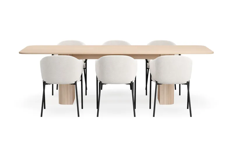 Kopparbo Spisebord 200-260 cm Uttrekkbart med ileggsplate med 6 Filip Spisestoler - Hvit / Hvit Bouclé - Møbler - Bord - Spisegrupper
