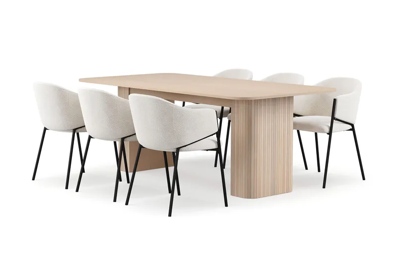 Kopparbo Spisebord 200-260 cm Uttrekkbart med ileggsplate med 6 Filip Spisestoler, Hvit / Hvit Bouclé