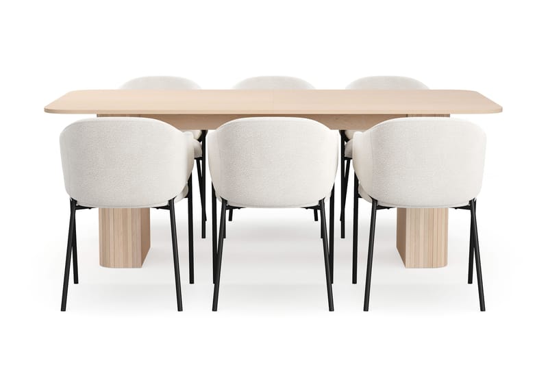 Kopparbo Spisebord 200-260 cm Uttrekkbart med ileggsplate med 6 Filip Spisestoler - Hvit / Hvit Bouclé - Møbler - Bord - Spisegrupper