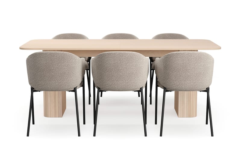 Kopparbo Spisebord 200-260 cm Uttrekkbart med ileggsplate med 6 Filip Spisestoler - Hvit / Taupe Bouclé - Møbler - Bord - Spisegrupper