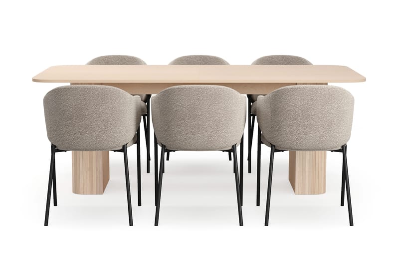 Kopparbo Spisebord 200-260 cm Uttrekkbart med ileggsplate med 6 Filip Spisestoler - Hvit / Taupe Bouclé - Møbler - Bord - Spisegrupper