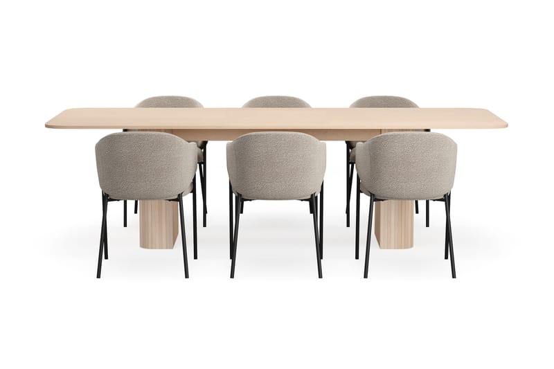 Kopparbo Spisebord 200-260 cm Uttrekkbart med ileggsplate med 6 Filip Spisestoler - Hvit / Taupe Bouclé - Møbler - Bord - Spisegrupper