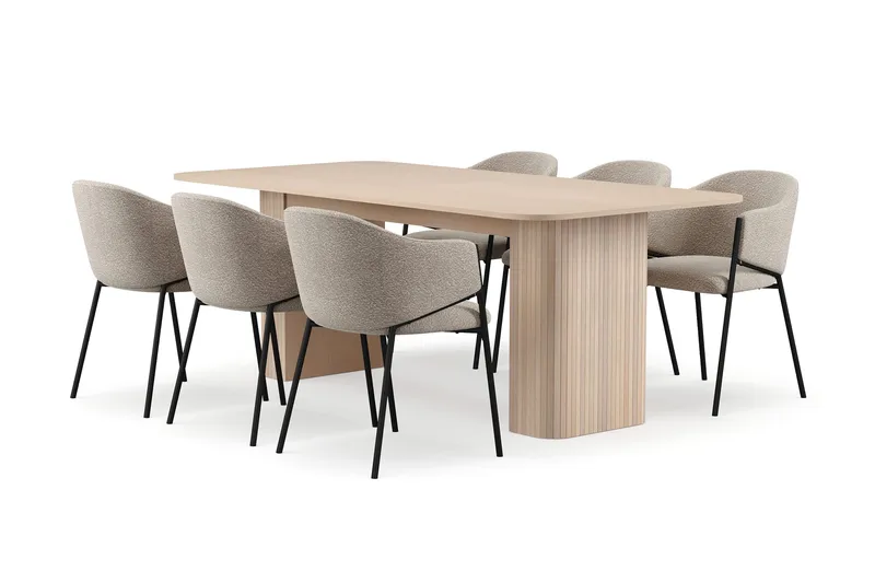 Kopparbo Spisebord 200-260 cm Uttrekkbart med ileggsplate med 6 Filip Spisestoler, Hvit / Taupe Bouclé