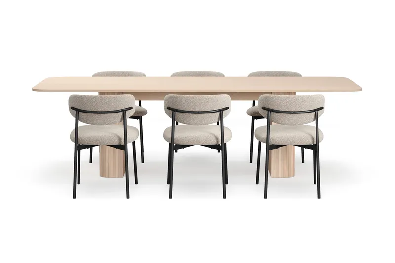 Kopparbo Spisebord 200-260 cm Uttrekkbart med ileggsplate med 6 Lucy Spisestoler - Hvit / Greige Bouclé / Metallben Svart - Møbler - Bord - Spisegrupper