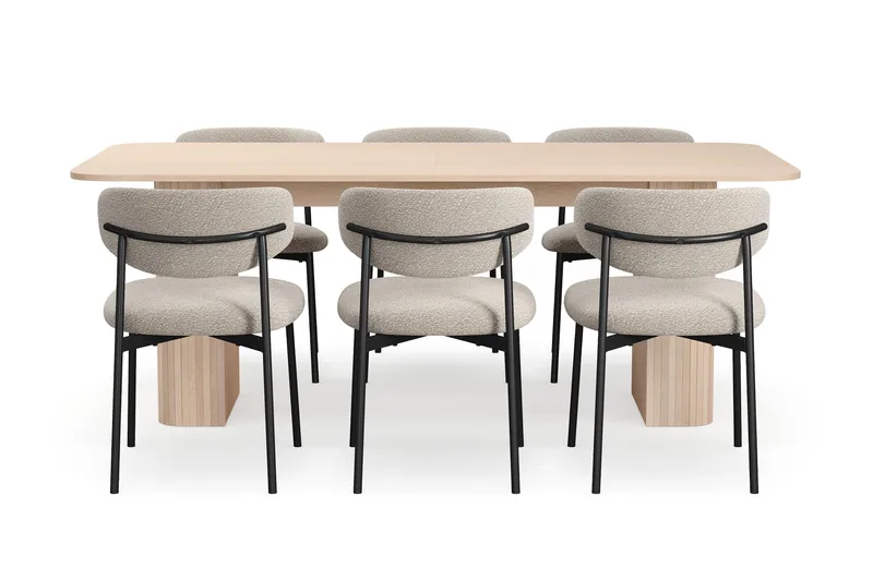 Kopparbo Spisebord 200-260 cm Uttrekkbart med ileggsplate med 6 Lucy Spisestoler - Hvit / Greige Bouclé / Metallben Svart - Møbler - Bord - Spisegrupper
