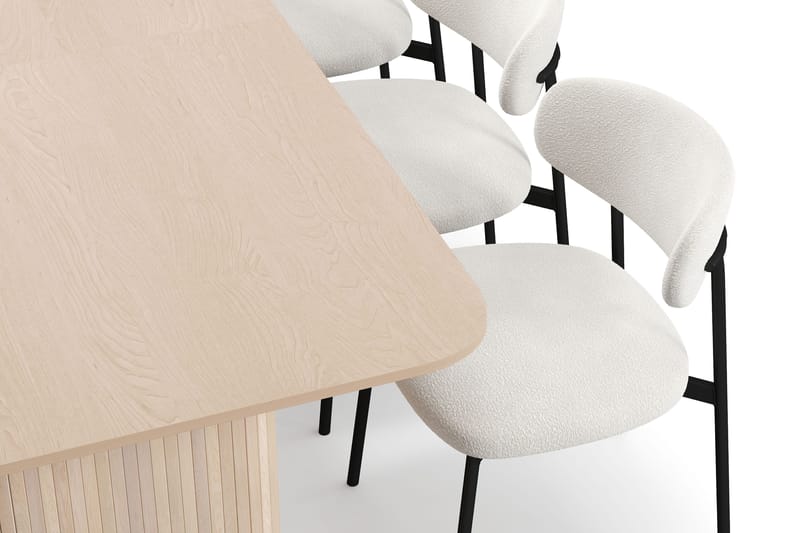 Kopparbo Spisebord 200-260 cm Uttrekkbart med ileggsplate med 6 Lucy Spisestoler - Hvit / Hvit Bouclé / Metallben Svart - Møbler - Bord - Spisegrupper