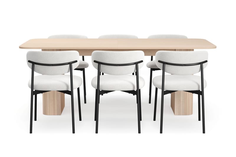 Kopparbo Spisebord 200-260 cm Uttrekkbart med ileggsplate med 6 Lucy Spisestoler - Hvit / Hvit Bouclé / Metallben Svart - Møbler - Bord - Spisegrupper
