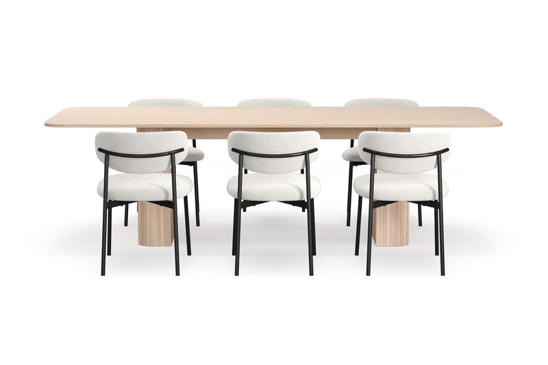 Kopparbo Spisebord 200-260 cm Uttrekkbart med ileggsplate med 6 Lucy Spisestoler - Hvit / Hvit Bouclé / Metallben Svart - Møbler - Bord - Spisegrupper