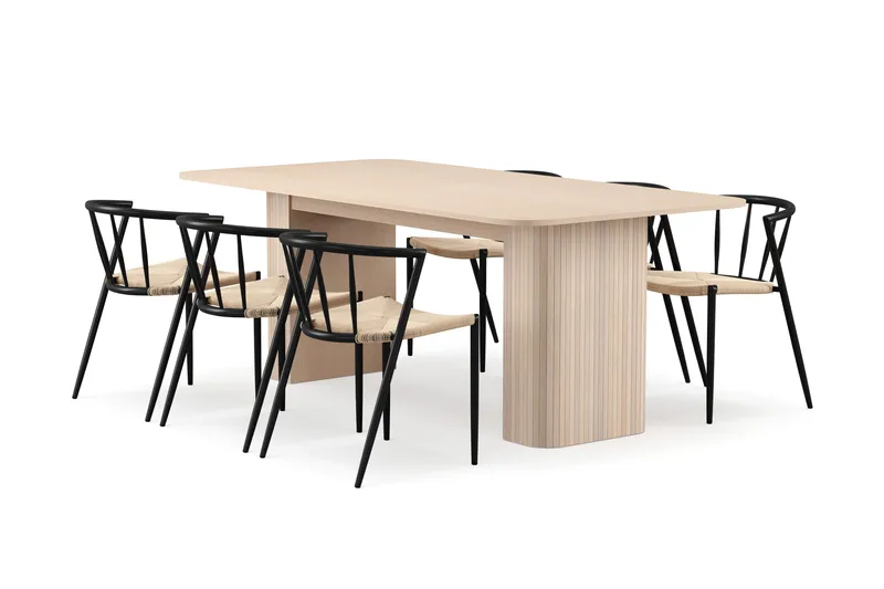 Kopparbo Spisebord 200-260 cm Uttrekkbart med ileggsplate med 6 Winston Spisestoler, Hvit / Beige / Metallben Svart