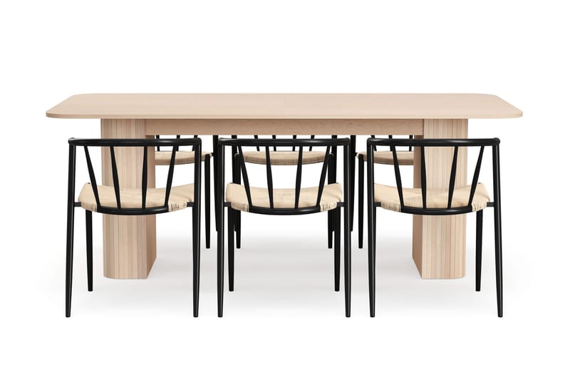 Kopparbo Spisebord 200-260 cm Uttrekkbart med ileggsplate med 6 Winston Spisestoler - Hvit / Beige / Metallben Svart - Møbler - Bord - Spisegrupper