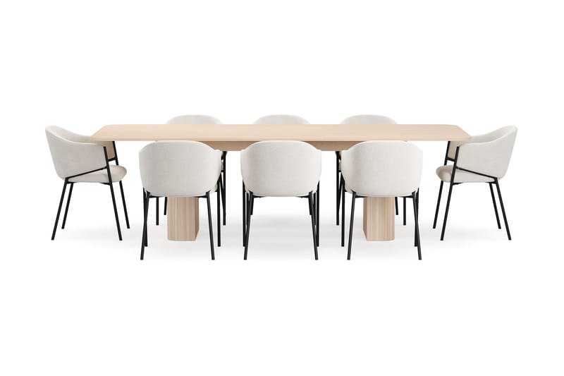 Kopparbo Spisebord 200-260 cm Uttrekkbart med ileggsplate med 8 Filip Spisestoler - Hvit / Hvit Bouclé - Møbler - Bord - Spisegrupper
