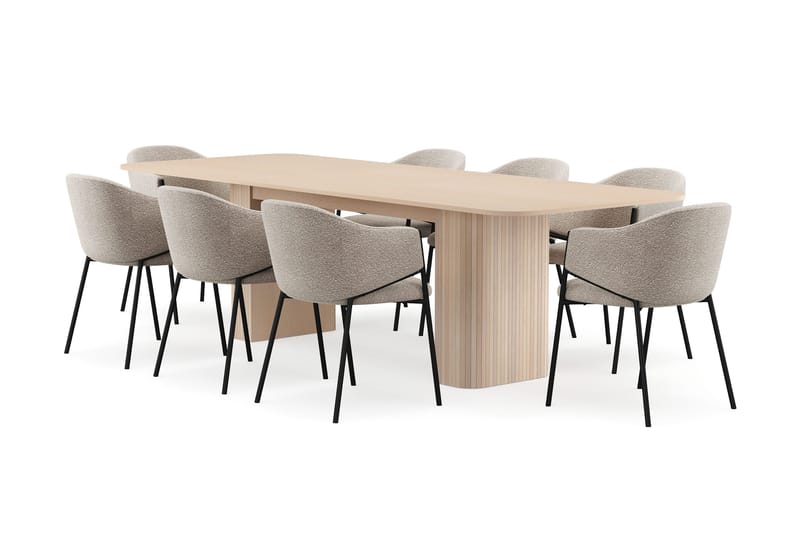 Kopparbo Spisebord 200-260 cm Uttrekkbart med ileggsplate med 8 Filip Spisestoler, Hvit / Taupe Bouclé
