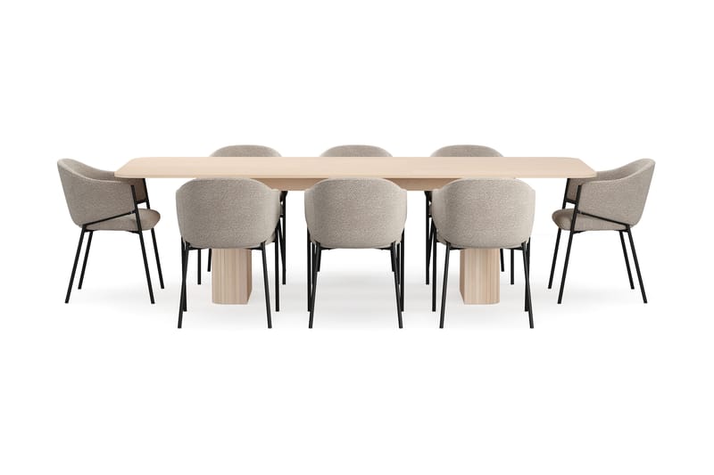 Kopparbo Spisebord 200-260 cm Uttrekkbart med ileggsplate med 8 Filip Spisestoler - Hvit / Taupe Bouclé - Møbler - Bord - Spisegrupper