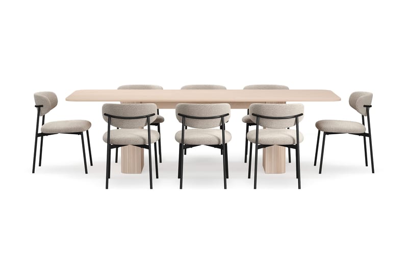 Kopparbo Spisebord 200-260 cm Uttrekkbart med ileggsplate med 8 Lucy Spisestoler - Hvit / Greige Bouclé / Metallben Svart - Møbler - Bord - Spisegrupper