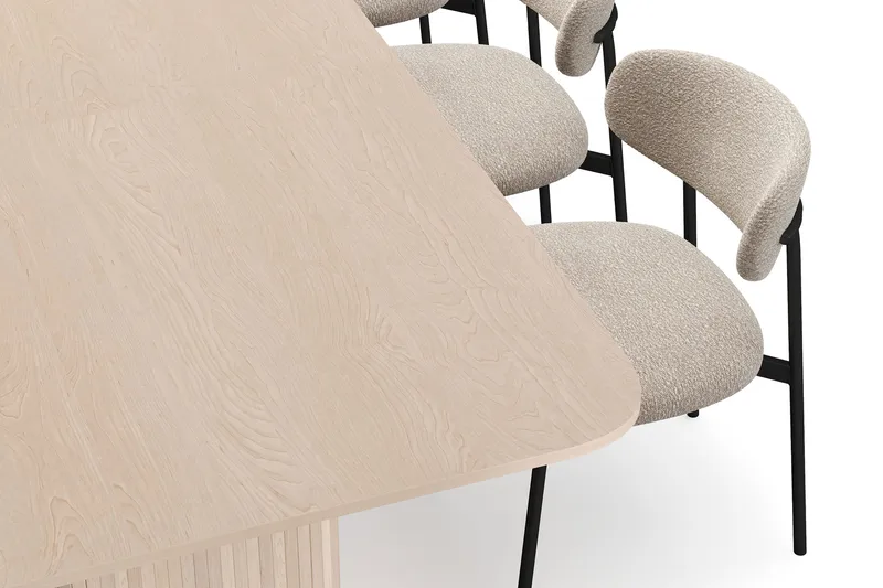 Kopparbo Spisebord 200-260 cm Uttrekkbart med ileggsplate med 8 Lucy Spisestoler - Hvit / Greige Bouclé / Metallben Svart - Møbler - Bord - Spisegrupper