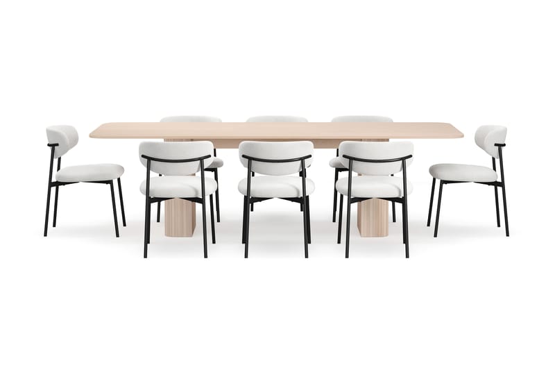 Kopparbo Spisebord 200-260 cm Uttrekkbart med ileggsplate med 8 Lucy Spisestoler - Hvit / Hvit Bouclé / Metallben Svart - Møbler - Bord - Spisegrupper
