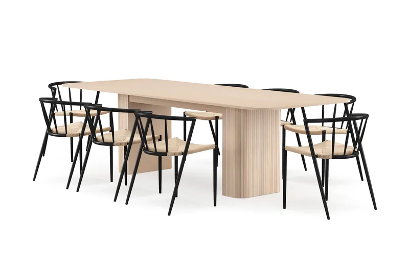 Kopparbo Spisebord 200-260 cm Uttrekkbart med ileggsplate med 8 Winston Spisestoler, Hvit / Beige / Metallben Svart