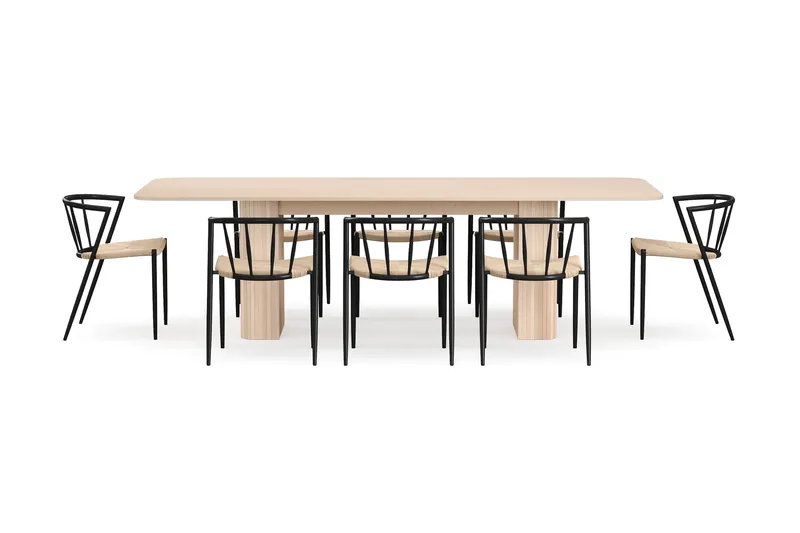 Kopparbo Spisebord 200-260 cm Uttrekkbart med ileggsplate med 8 Winston Spisestoler - Hvit / Beige / Metallben Svart - Møbler - Bord - Spisegrupper